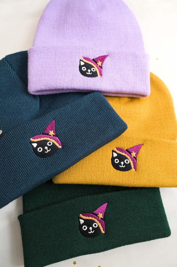Witch Cat Embroidered Beanie Hat