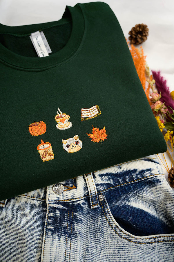 Autumn Essentials Embroidered Sweatshirt SAND and FOREST GREEN