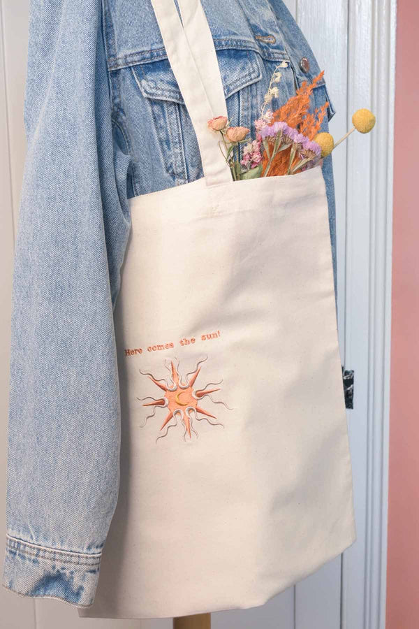 "Here Comes the Sun" Embroidered Tote Bag