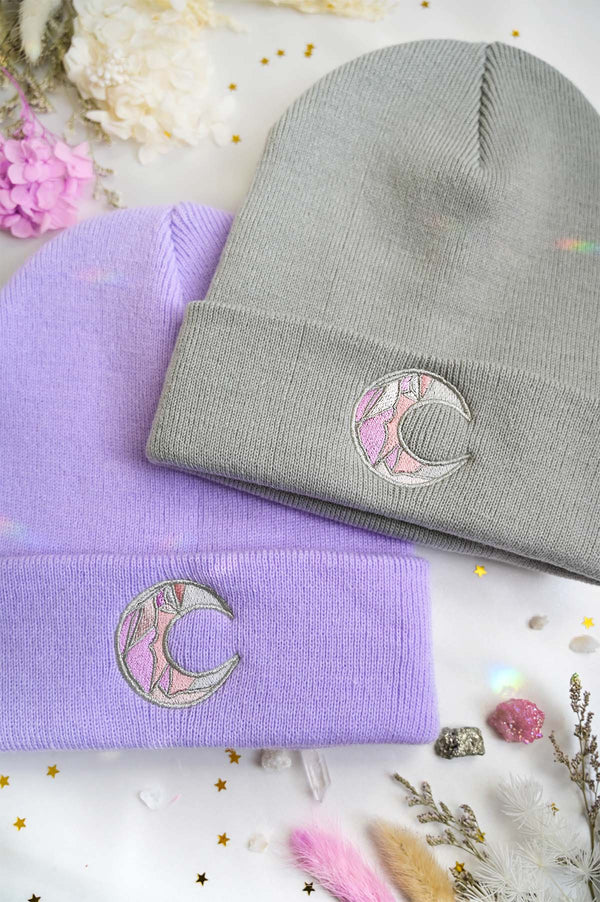 SILVER MOON EMBROIDERED LAVENDER & PURPLE BEANIE