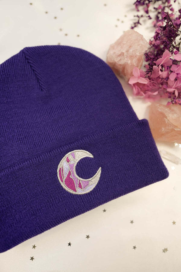 SILVER MOON EMBROIDERED LAVENDER & PURPLE BEANIE