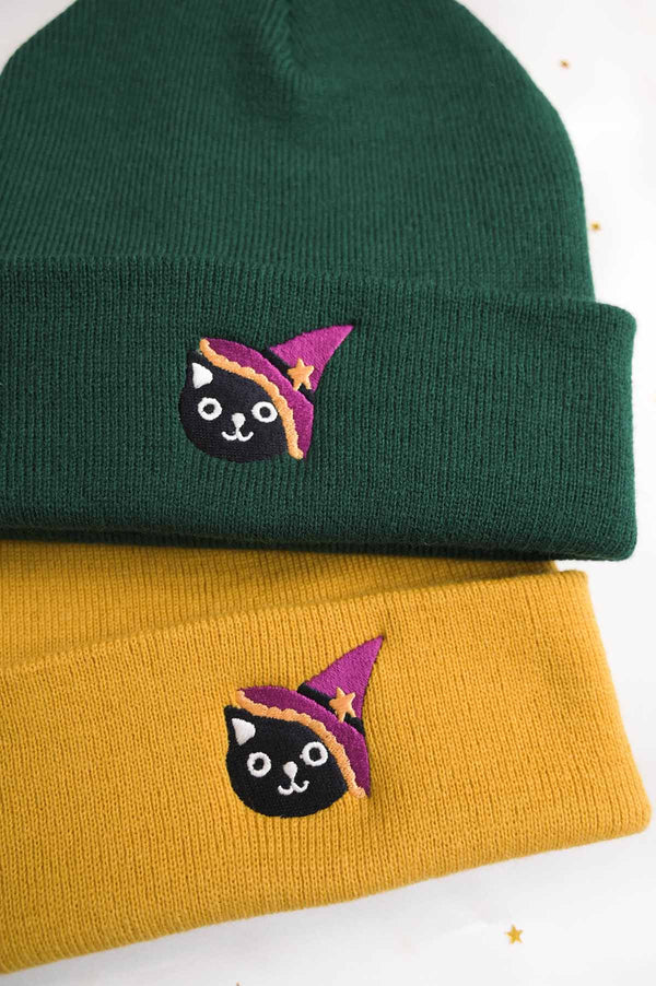 Witch Cat Embroidered Beanie Hat